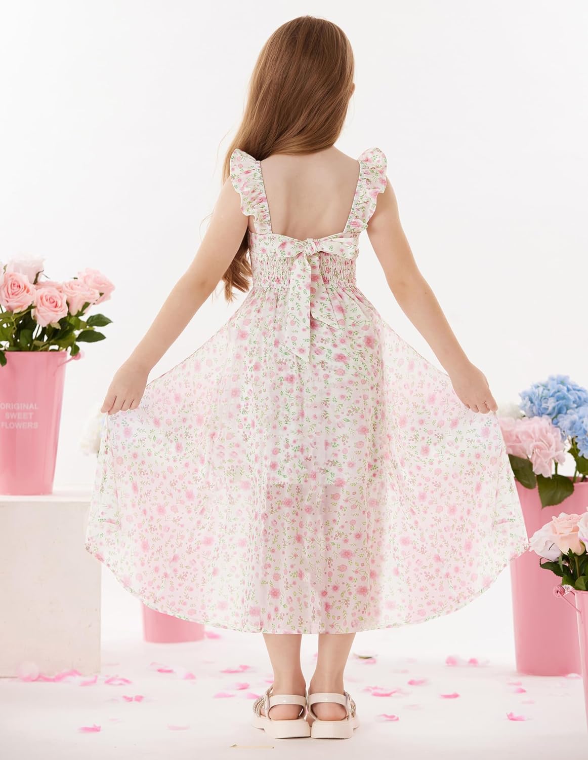GRACE KARIN Girls Tie Back Floral Dress Flutter Sleeves Casual Spring Summer Maxi Dresses for 5-14Y Pink Floral 12 Years image 2 of 9 B0DPCJBHLV