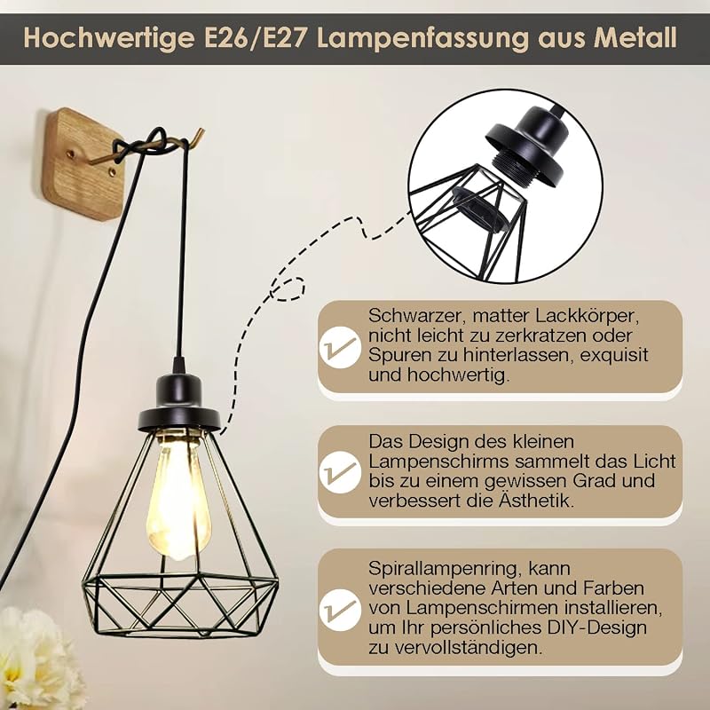 Crzpchas Vintage Függőlámpa Szett Kapcsolóval, 2db Fekete E27 Foglalat 450cm Kábellel, Ipari Stílusú Mennyezeti Lámpa DIY Konyha Pince