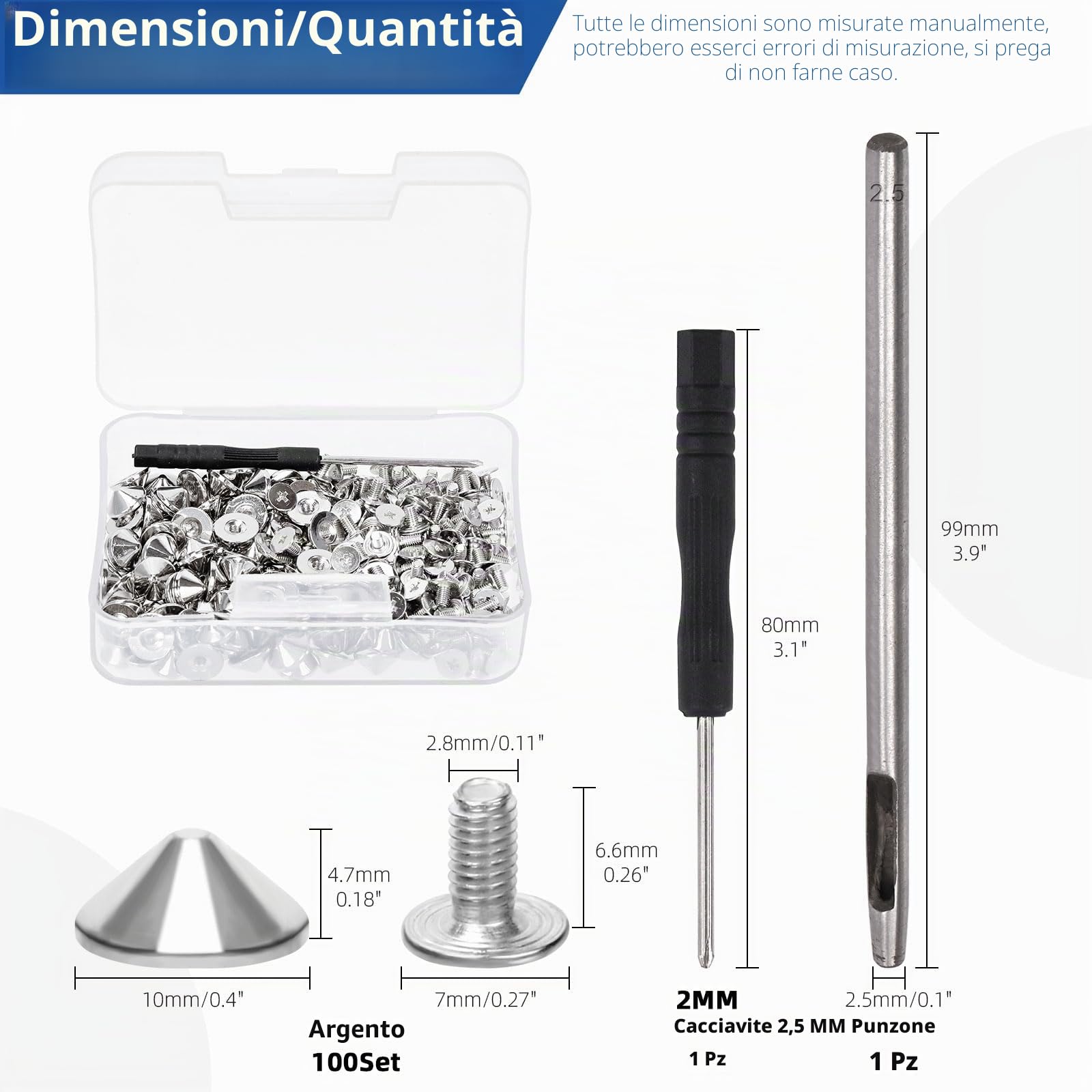 Glarks 100 Sets Sliver Cone Spikes e Studs Kit 4.7mm Bullet Spikes Vite Punk Back Studs e Spikes con Strumenti di Installazione In Pelle Craft Rivetti Viti