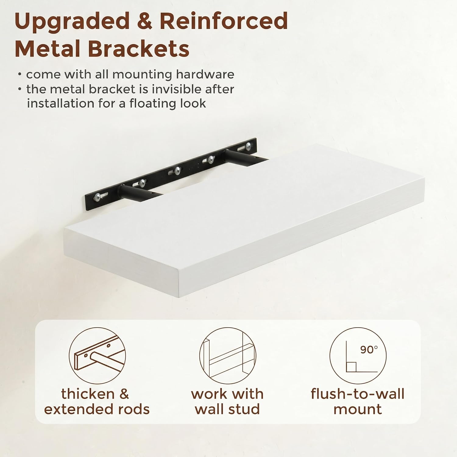 fuqing 20 Inch Floating Shelves | 6.7 Inch Deep White Shelves for Wall Set of 2 | 20''W x 6.7''D x 1.4''H White Wood Shelves for Living Room Bathroom Bedroom Kitchen Home Office