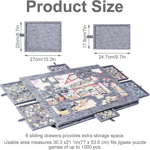 LUPATDY Tapis Puzzle 1000 Pieces, Inclinable Table Puzzle en Feutre Antidérapante avec 6 Tiroirs, Planche Puzzles Portable avec Support 2 en 1, pour la Maison et Les Voyages, 52 x 77 cm,Gris - 2