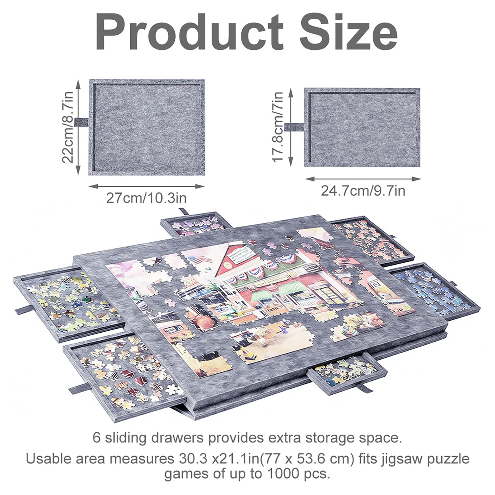 Przechylany stół do puzzli, 1000 elementów – deska do puzzli z 6 szufladami i powierzchnią filcową, przenośna deska do puzzli ze stojakiem 2 w 1, idealna do domu i podróży, 52 x 77 cm, szary