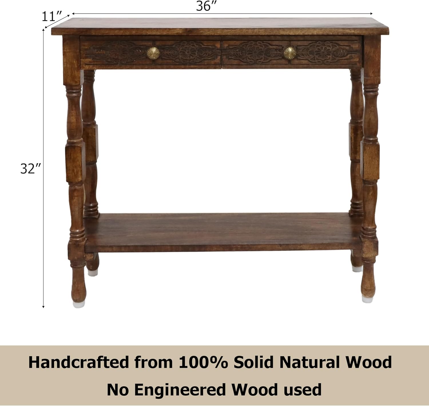 COTTON CRAFT Solid Wood Accent Console Table - Hand Carved Sofa Table - Hallway Entryway Two Drawers Small Space Transitional Traditional Farmhouse Easy Assembly - 36 W x 32 H x 11 D - Antique Brown
