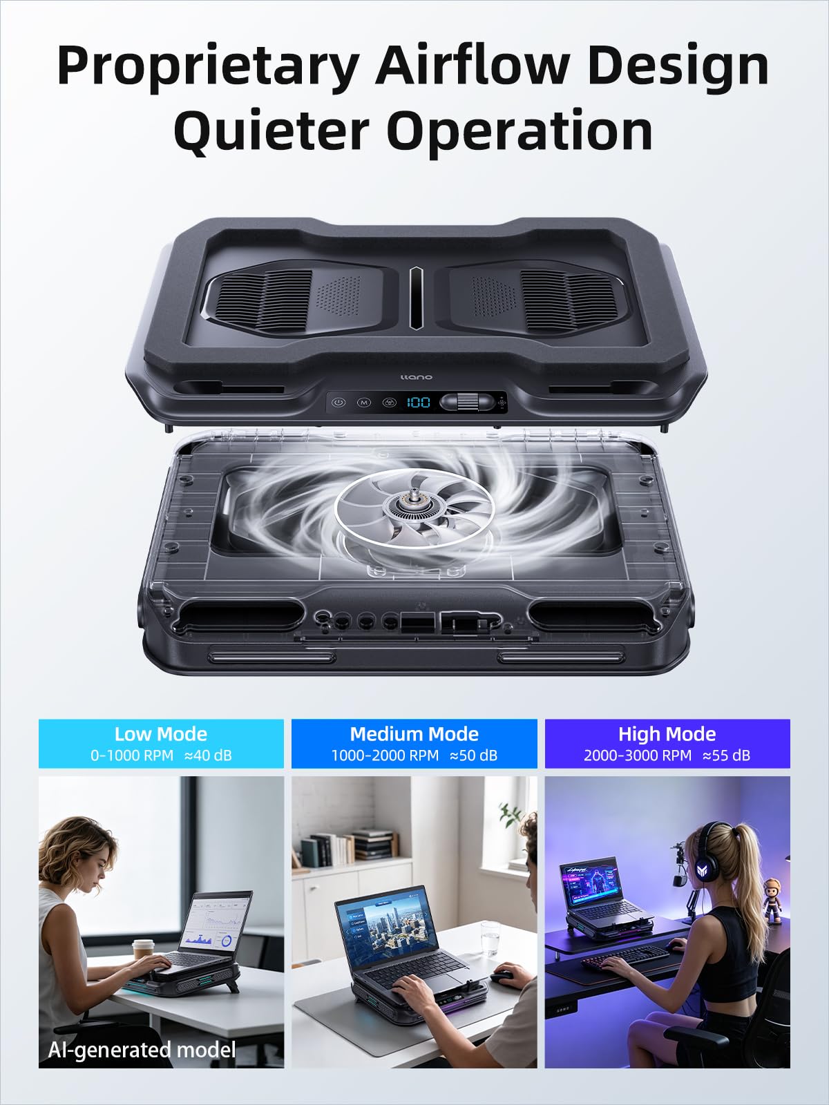llano V11 Pro Base raffreddante per laptop, supporto di raffreddamento con turboventola da 4,7 pollici, per notebook da 14 a 17,3 pollici, velocità regolabile, antipolvere, hub USB a 3 porte, Nero