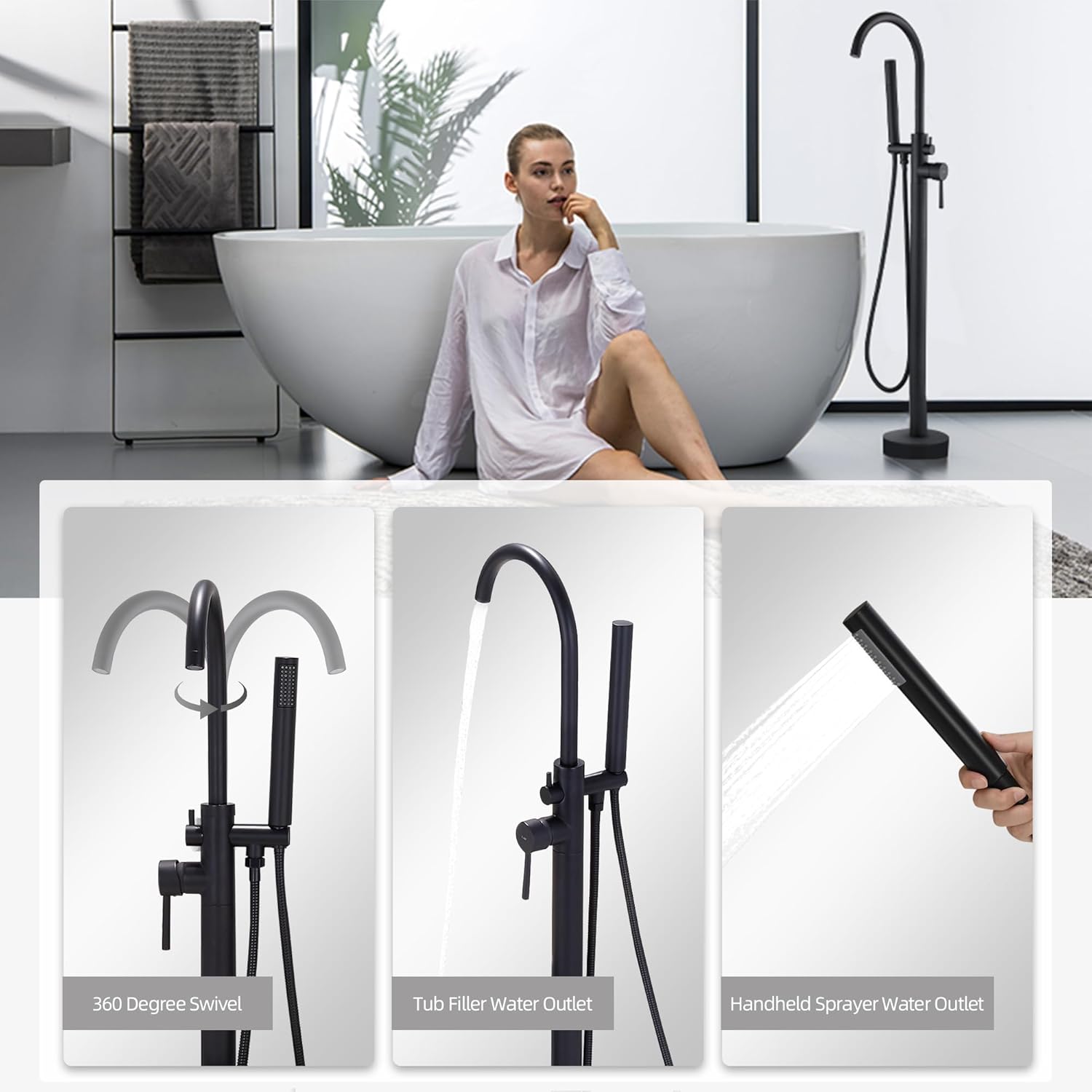 FRANSITON Freestanding Bathtub Faucet Matte Black Tub Filler Floor Mount Free Standing Metal Bathroom Faucets,Swivel Gooseneck Spout with Cylinder Handheld