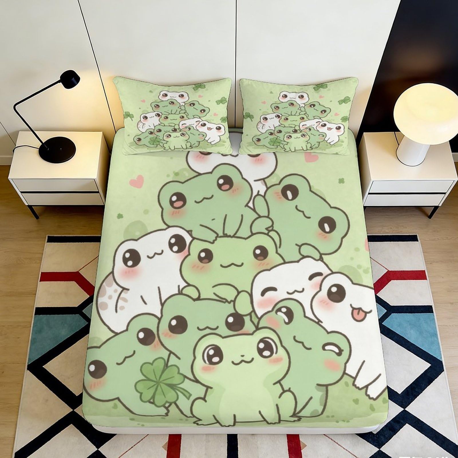 3D Printed Cartoon Frog Fitted Sheet Microfiber Soft Green Animal Mattress Cover for Bedroom Dorm Bed Protection Decor 180x200x25cm