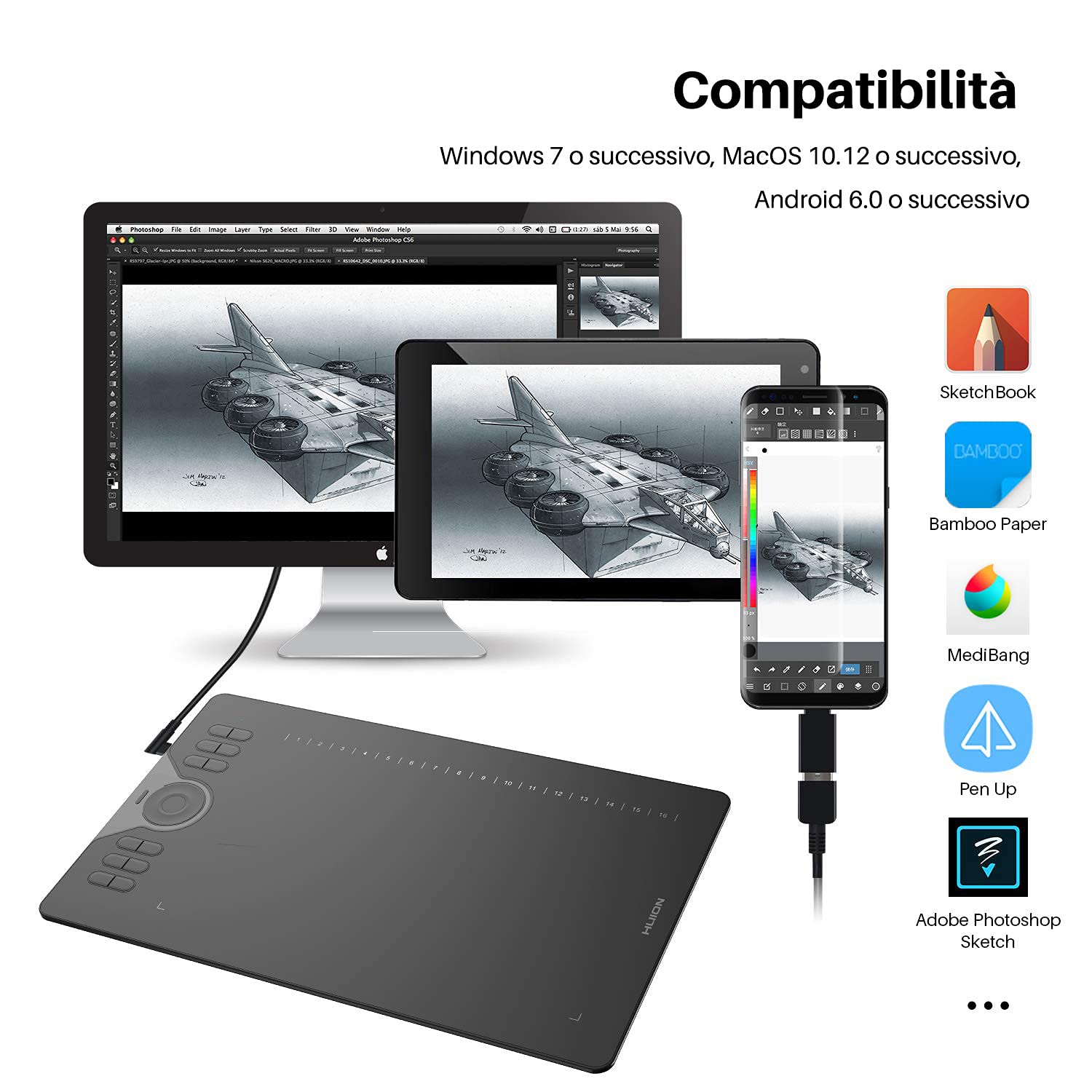 HUION HS610 Tavoletta Grafica Senza Batteria 8192 Livelli, 5080 LPI, Combinata con la Funzione di Inclinazione di ± 60 °, Compatibile con Windows/MacOS/Android Ideal für Home-Office & E-Learning