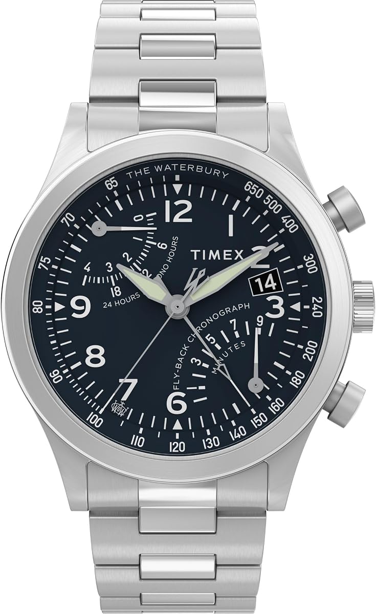 Timex Men's Waterbury Chronograph 42mm Watch - Stainless Steel Bracelet Black Dial Stainless Steel Case