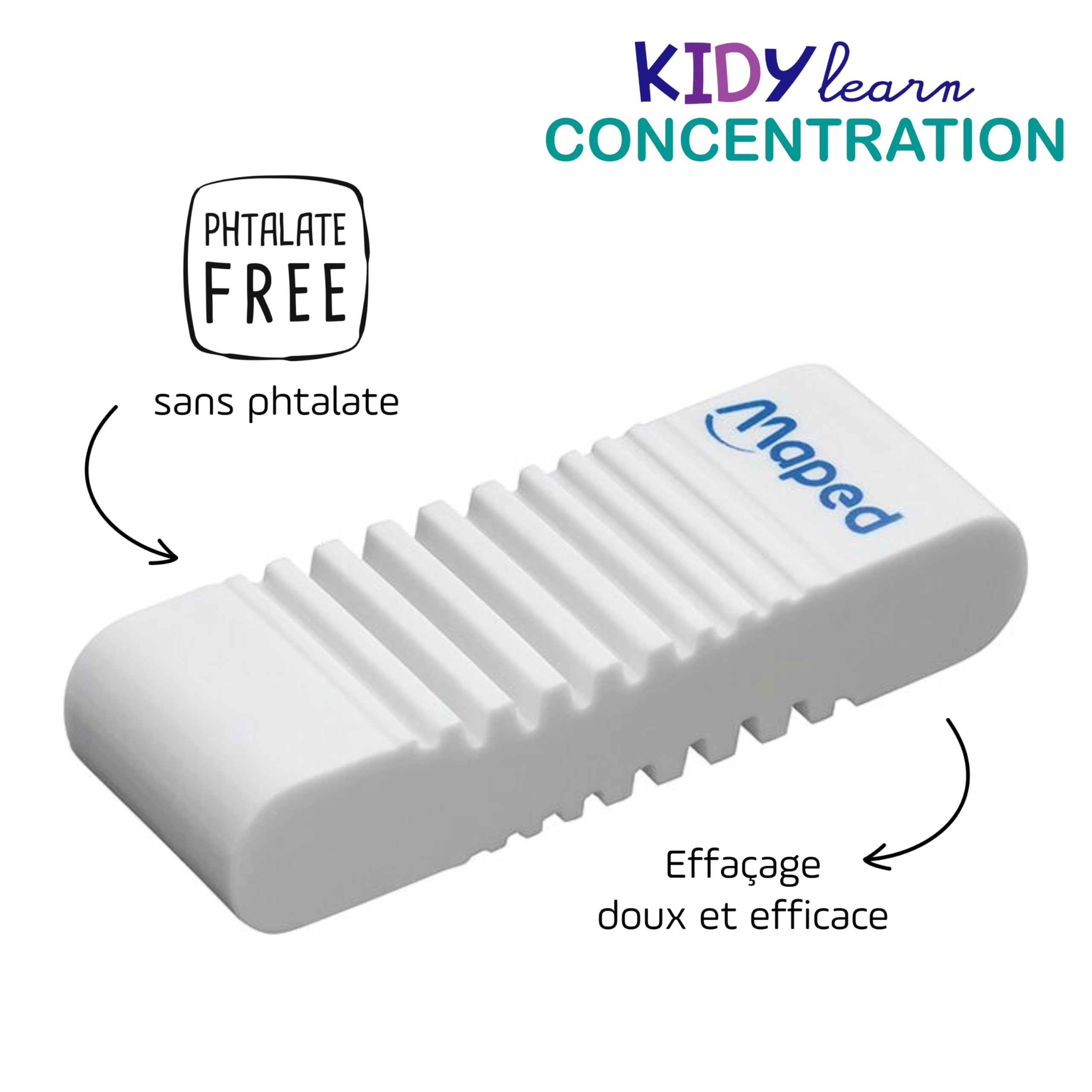Maped - 2 gomme KIDY LEARN CONCENTRATION - Superficie strutturata - Stimolazione sensoriale - Gomma efficiente - Made in France - Confezione di carta riciclabile