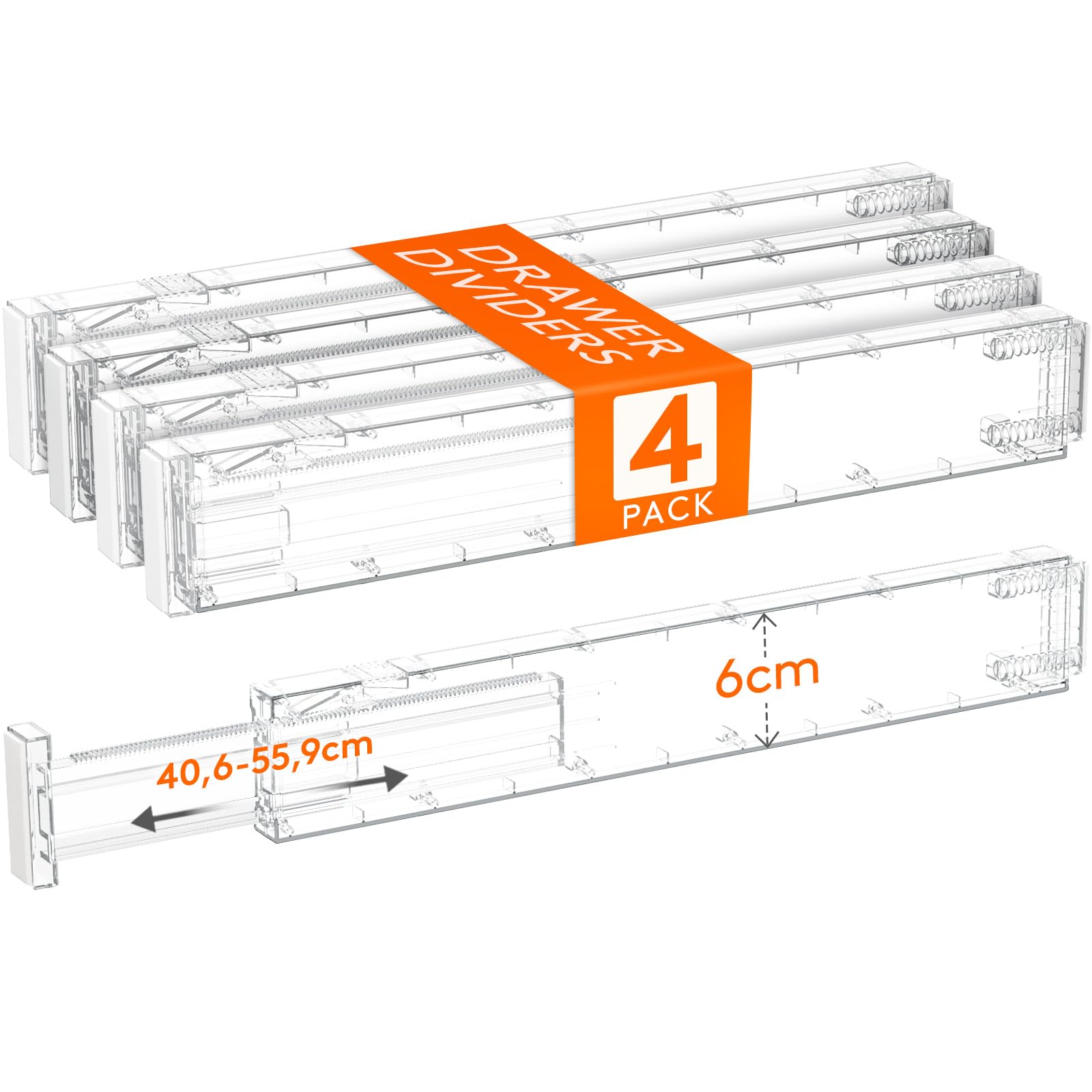 Lifewit Divisori per Cassetti Cucina Alti 6cm, 40 -56cm, Organizer Regolabili per Utensili, Vestiti e Trucchi, Separatori per Cassetti in Plastica per Camere da Letto, 4 Pezzi, Trasparente
