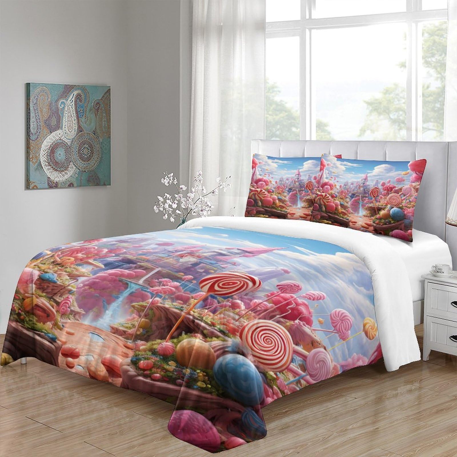 Fantasia di Candyland Impressione 3D 3 pz cover piumone Stile artistico fantasy coperteletto microfibra ipoallergenica zip per bambini uomini adulti Super king（260x220cm）