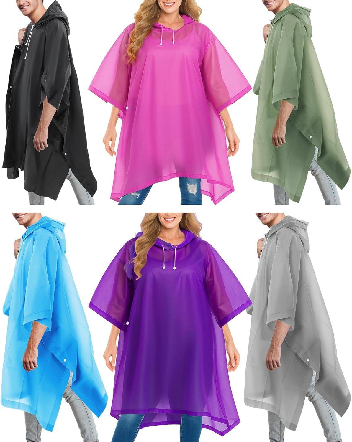 6 Pack Reusable Rain Ponchos for Adult Waterproof Raincoat with Drawstring Hood for Women Men Family Camping Hiking