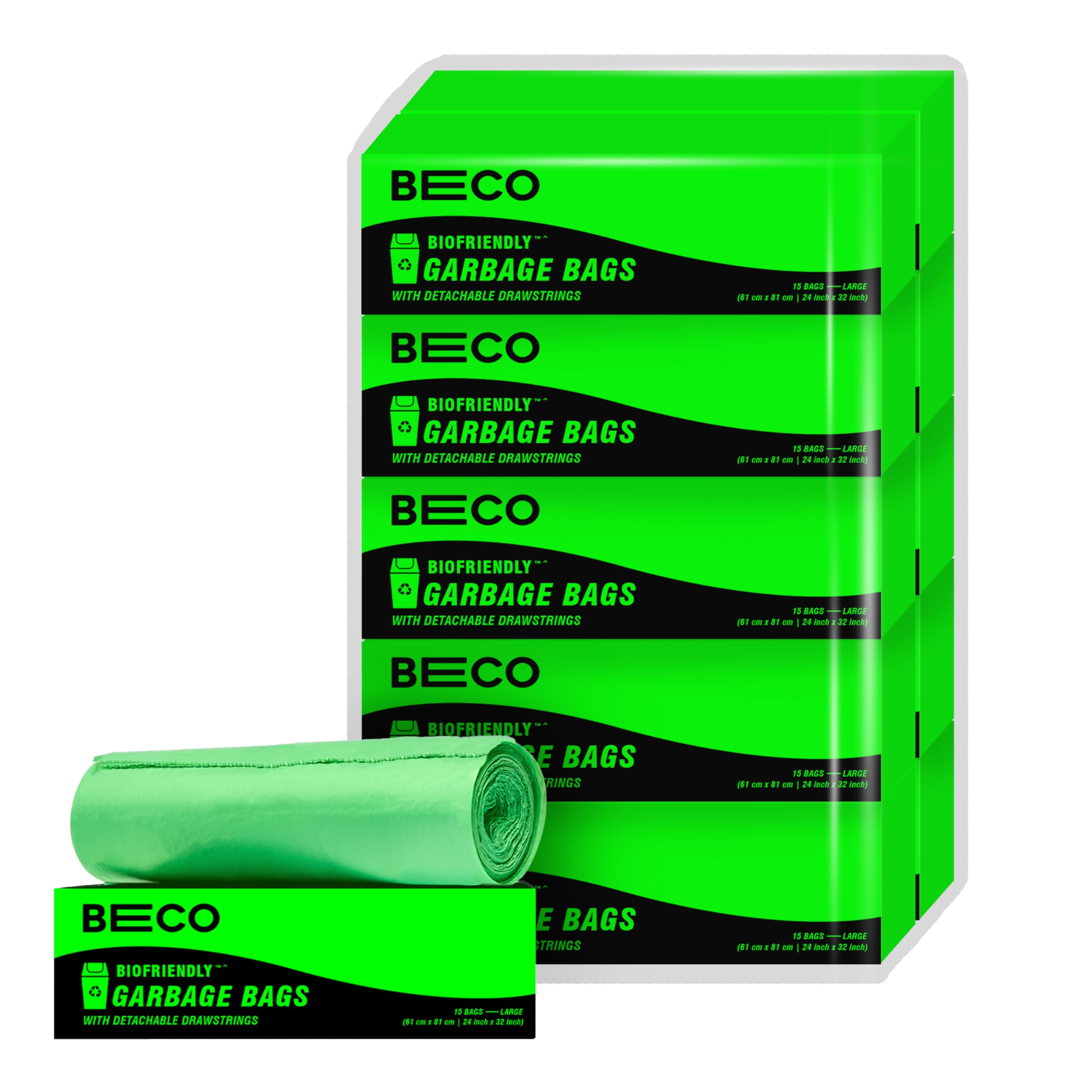 Beco Eco-Friendly Garbage Bags | 150 Pcs | Large- 24 x 32 Inches | 15 Bags x 10 Rolls | Green | Dustbin/Trash Bags with Detachable Drawstrings | For Dry & Wet waste