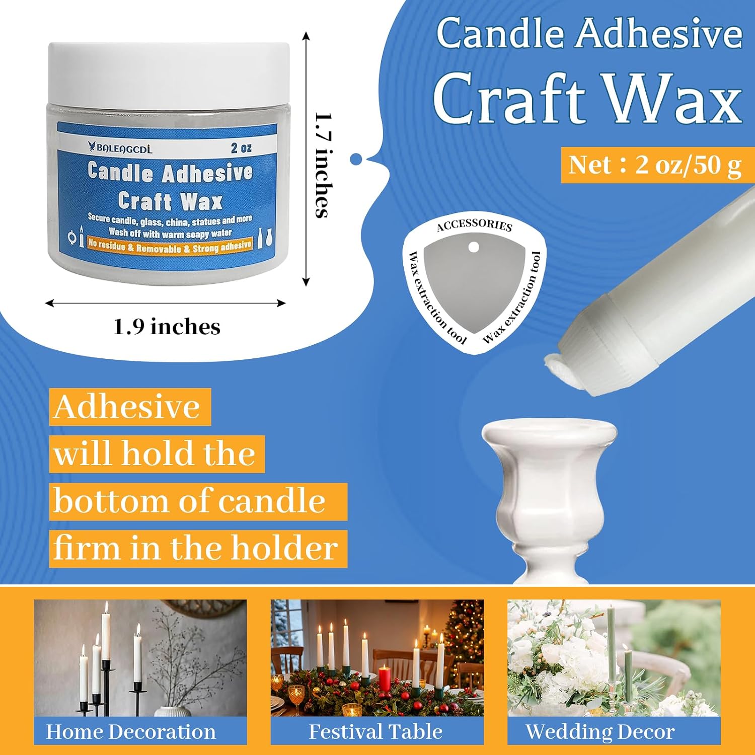 Candle Wax Adhesive Putty 2 oz - Removable Sticky Wax for Taper Candles, Centerpieces & Home Decor, Non-Slip Reusable Candle Holder Accessory Keeps Candles Upright image 2