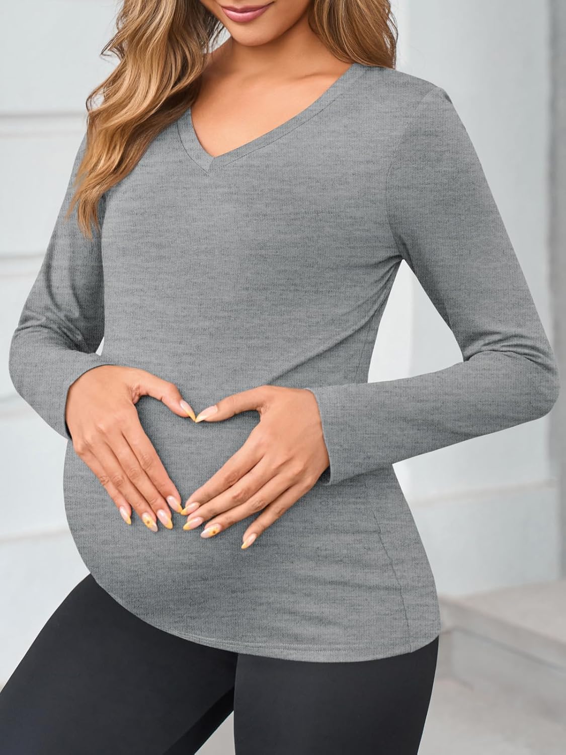 Yousify Womens Maternity Tops V Neck Long Sleeve Fitted Tunic Shirts Casual Basic Tees Mama Pregnancy Clothes - Image 3