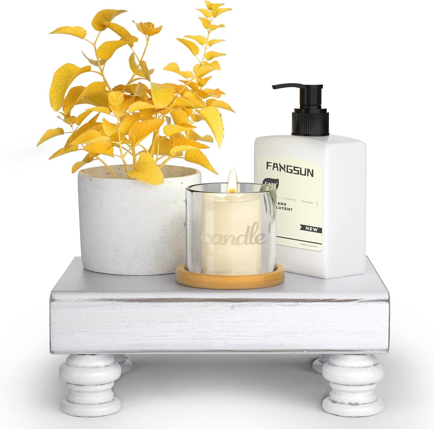 FANGSUN Wood Risers for Display, Farmhouse Wood Pedestal Stand for Decor, Rustic Wooden Riser for Kitchen & Bathroom Counter Decor, Home Decorations, Display Tray for Soap, Sink Decor, Plant, White