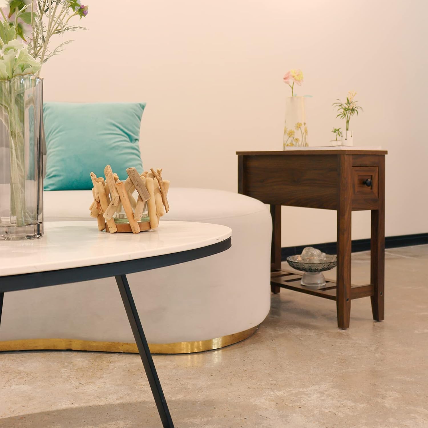 2 Pack Chairside Narrow End Table with Drawer, Solid Recliner Side Table with Storage Shelf, Slim Nightstand Bedside Table for Bedroom