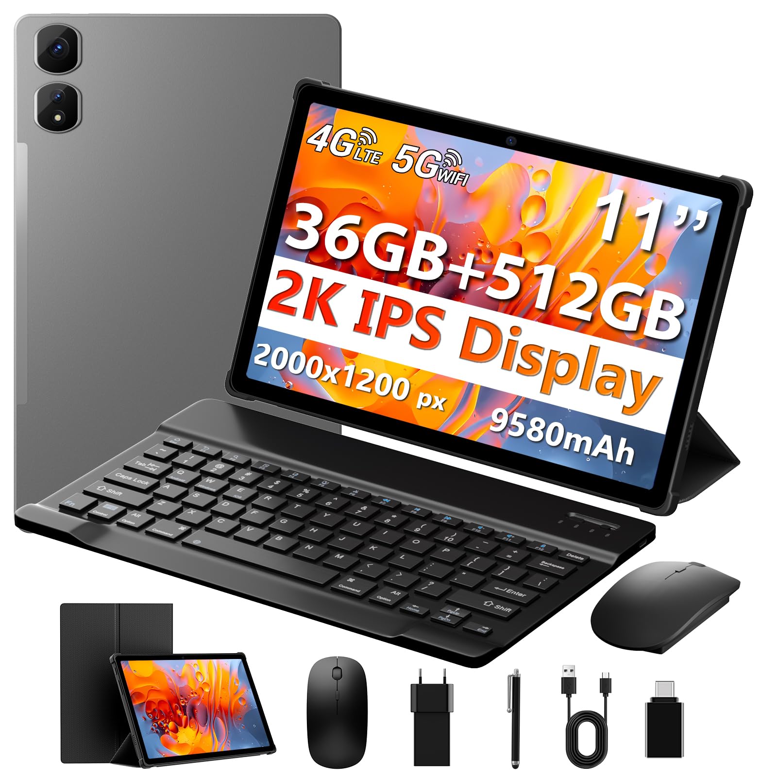 MAXLEGEN Tablet 11 Zoll, 2K FHD, 36GB RAM+512GB ROM/1TB TF, 4G LTE Dual SIM+5G WLAN, 2GHz Octa-Core Android 15 Tablet mit 9580mAh Akku, 13MP, GPS, GMS, Tablets mit Tastatur/Stift/Maus/Hülle