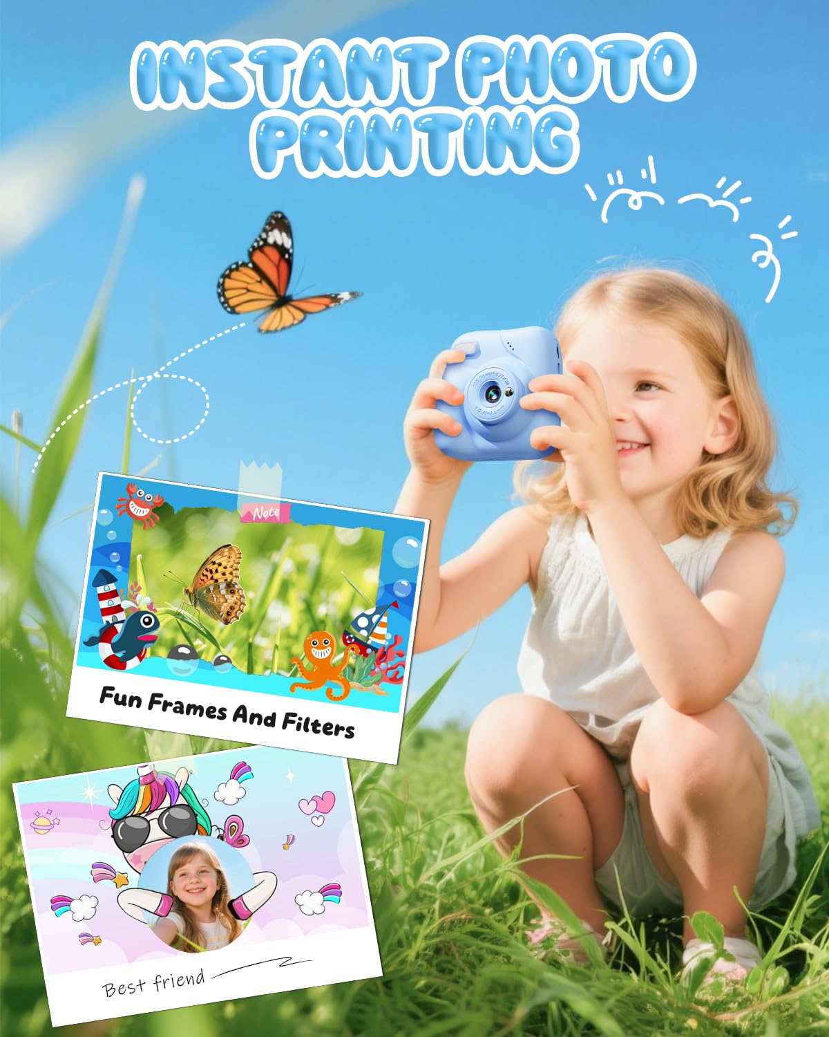 CAMCLID Macchina Fotografica Bambini Istantanea, 1080P HD Macchina Fotografica Istantanea 48MP con Scheda da 32 GB e 3 Rotoli di Carta da Stampa, Regalo per Ragazze Ragazzi da 3-12