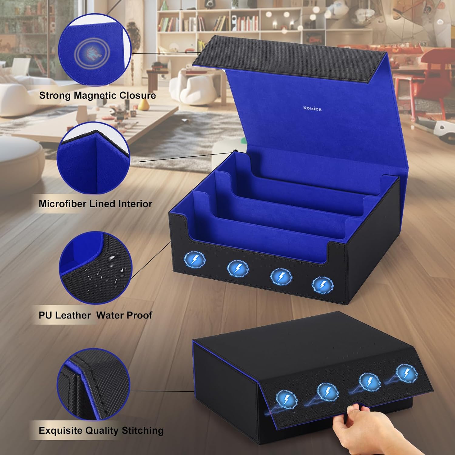 1800+ Card Deck Case – PU Leather MTG Storage Box Microfiber Lined Yugioh Structure Deck, Trading Card Storage Box for Bloomburrow MTG, Baseball, Deck Box TCG (Black/Deep Blue)