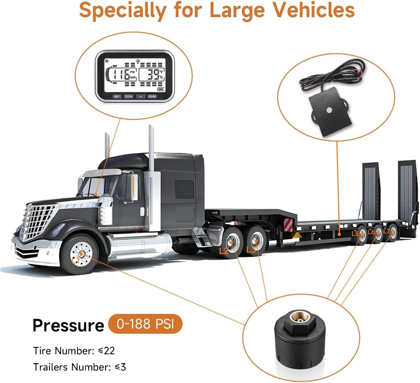 4.3" Trailer Tire Pressure Monitoring System with 10 Sensors, RV TPMS with 5 Alert Modes, Solar Power Wireless TPMS, 80ft Sensing Distance Tire Pressure Monitor for Trailers, Heavy Trucks