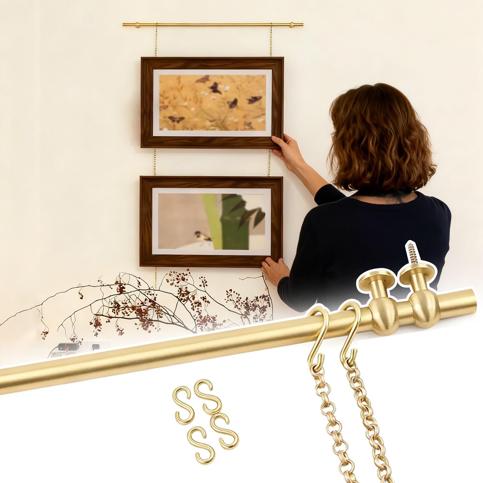 Cimaise pour Tableau Système de Rails D'affichage à Cadre Réglable, Kit de Suspension pour Tableaux en Laiton avec Chaîne et Crochet, Crochets pour Cimaises(100cm (39.4"))