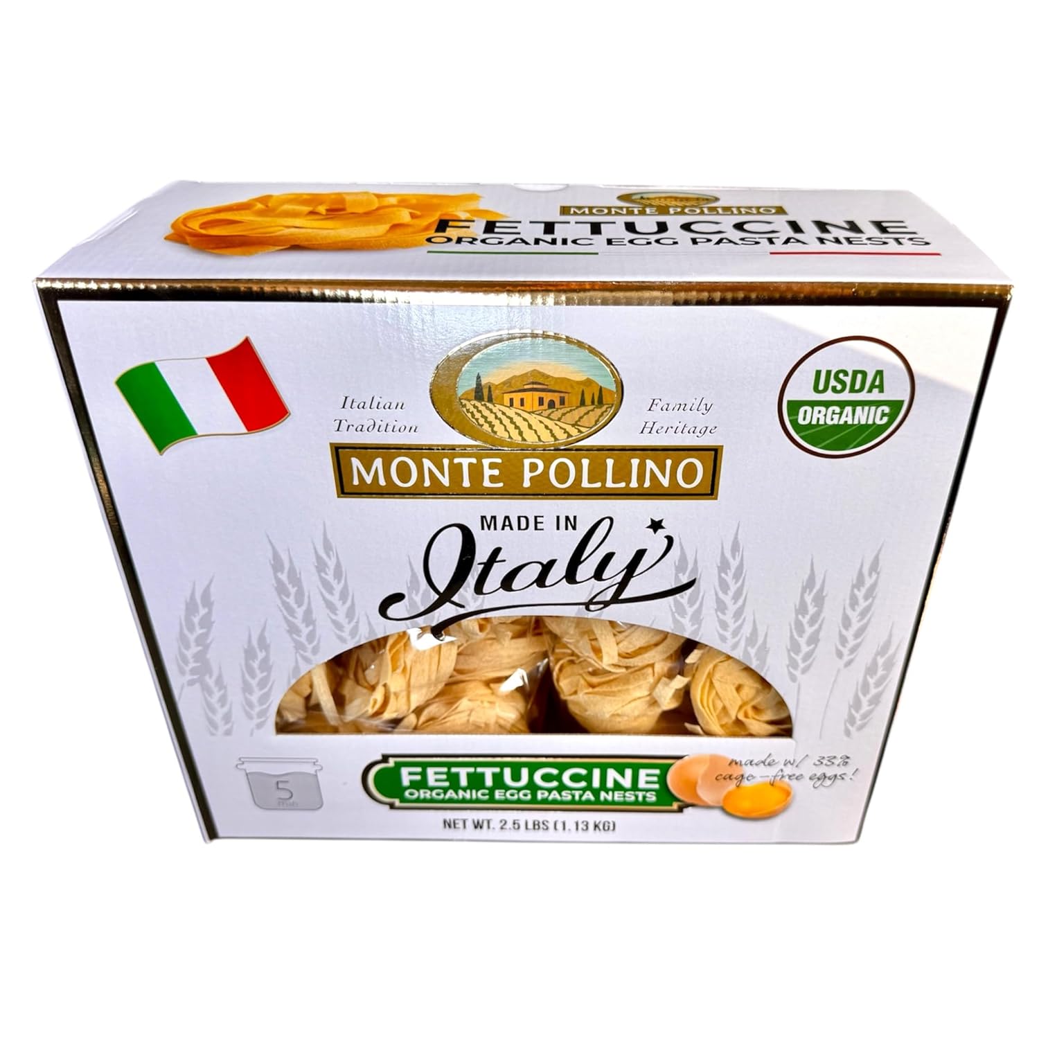 MONTE POLLINO Organic Egg Fettuccine Pasta Nests – Italian Imported Pasta, USDA Organic, Cage Free Egg Noodles, Authentic Italian Pasta, 2.5 lb