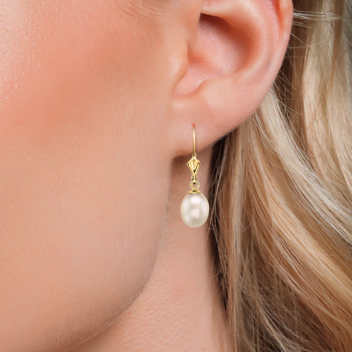 Gem Stone King 14K Gold 9MM Cultured Freshwater Pearl Dangle Earrings For Women | Leverback Gold Drop Earrings | Fine Jewelry Gifts for Her Mom Women Wife
