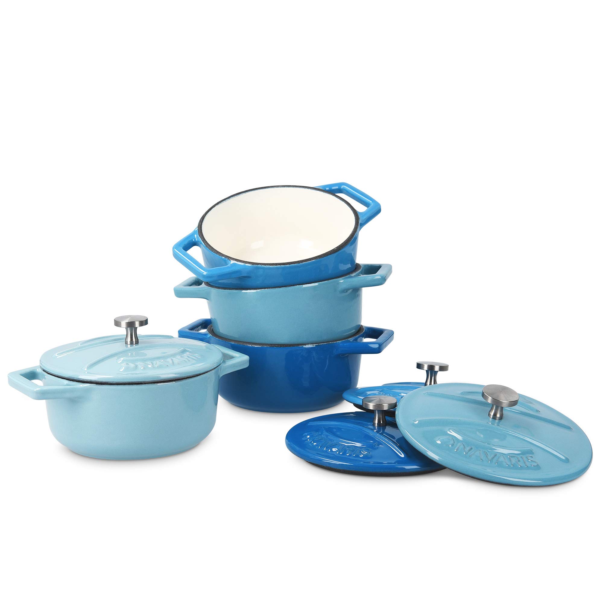 Navaris Mini Cocottes Fonte Ø10,5 cm - 4X Petite Cocotte en Fonte 290 ML avec Couvercle et Revêtement en Émail - Cassolette Individuelle Four pour Cuisson Gaz Induction