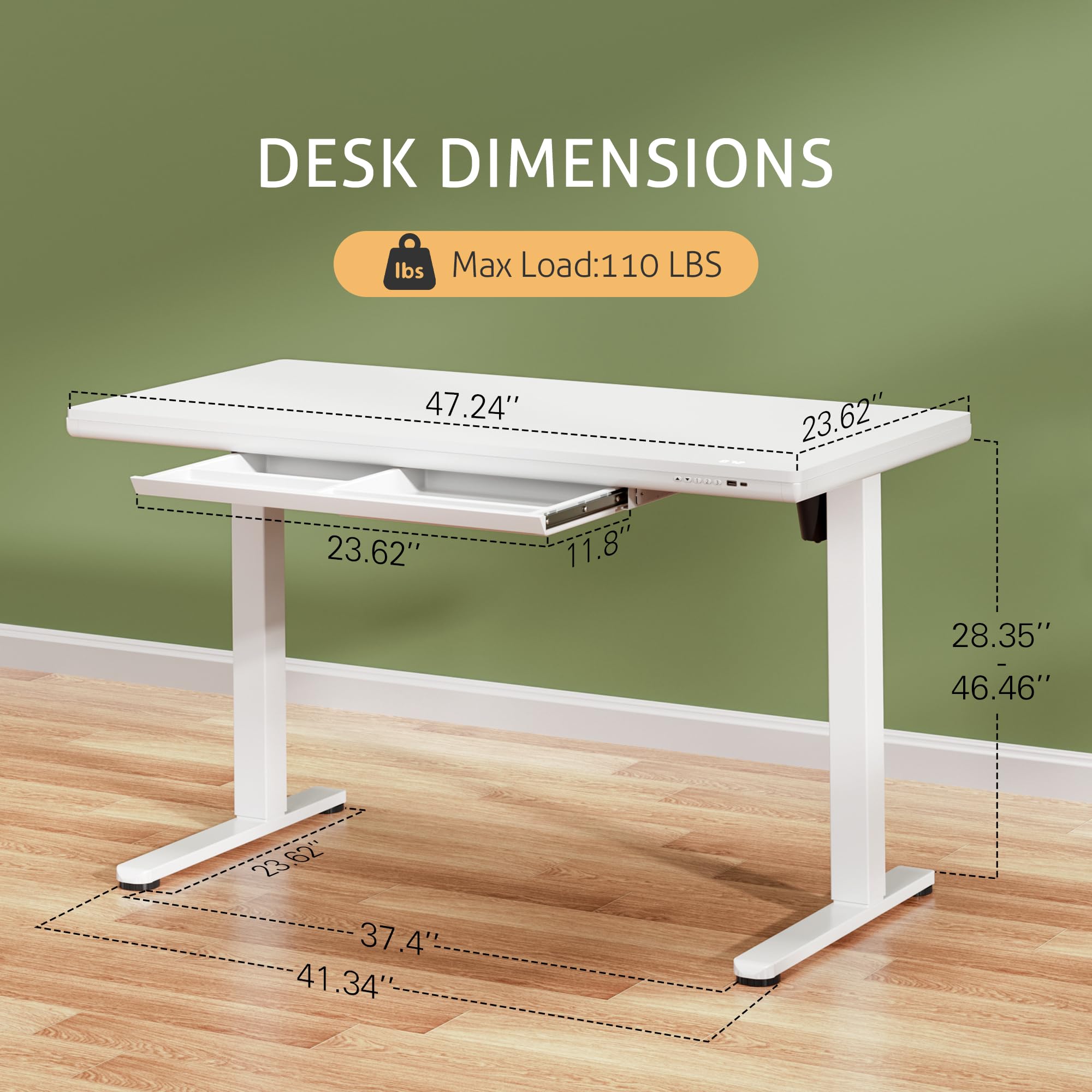 Furmax Adjustable Height Electric Standing Desk with Drawers 48 Inch Sit Stand Desk with One-Piece Thickened Desktop USB — view 3