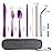 Travel Utensils Set with Case Reusable Portable Cutlery Set Stainless Steel 8pcs Including Dinner Knife Fork Spoon Chopsticks straws (Purple)
