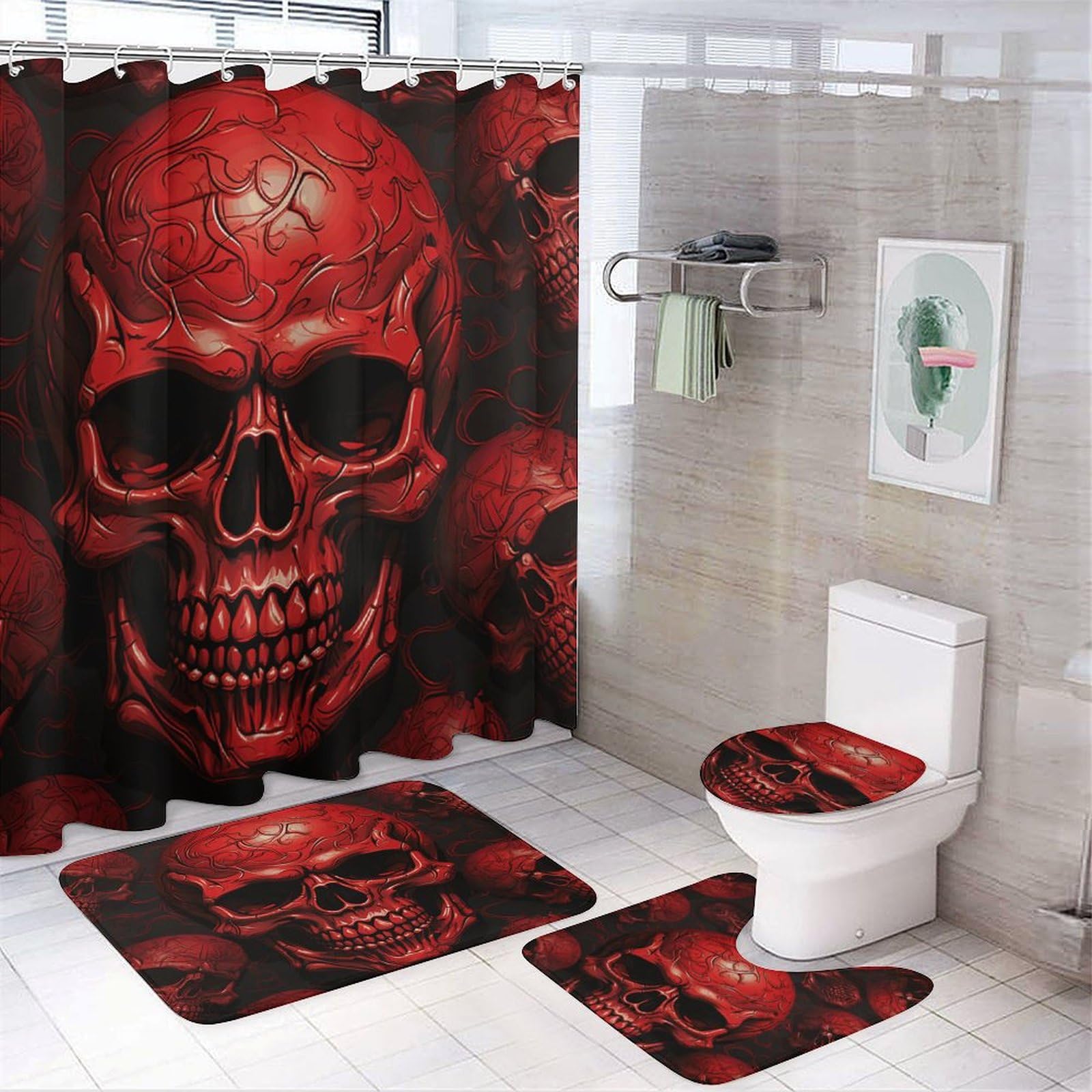 Ensemble de salle de bain tapis et rideau de douche à motif crâne rouge pour maison