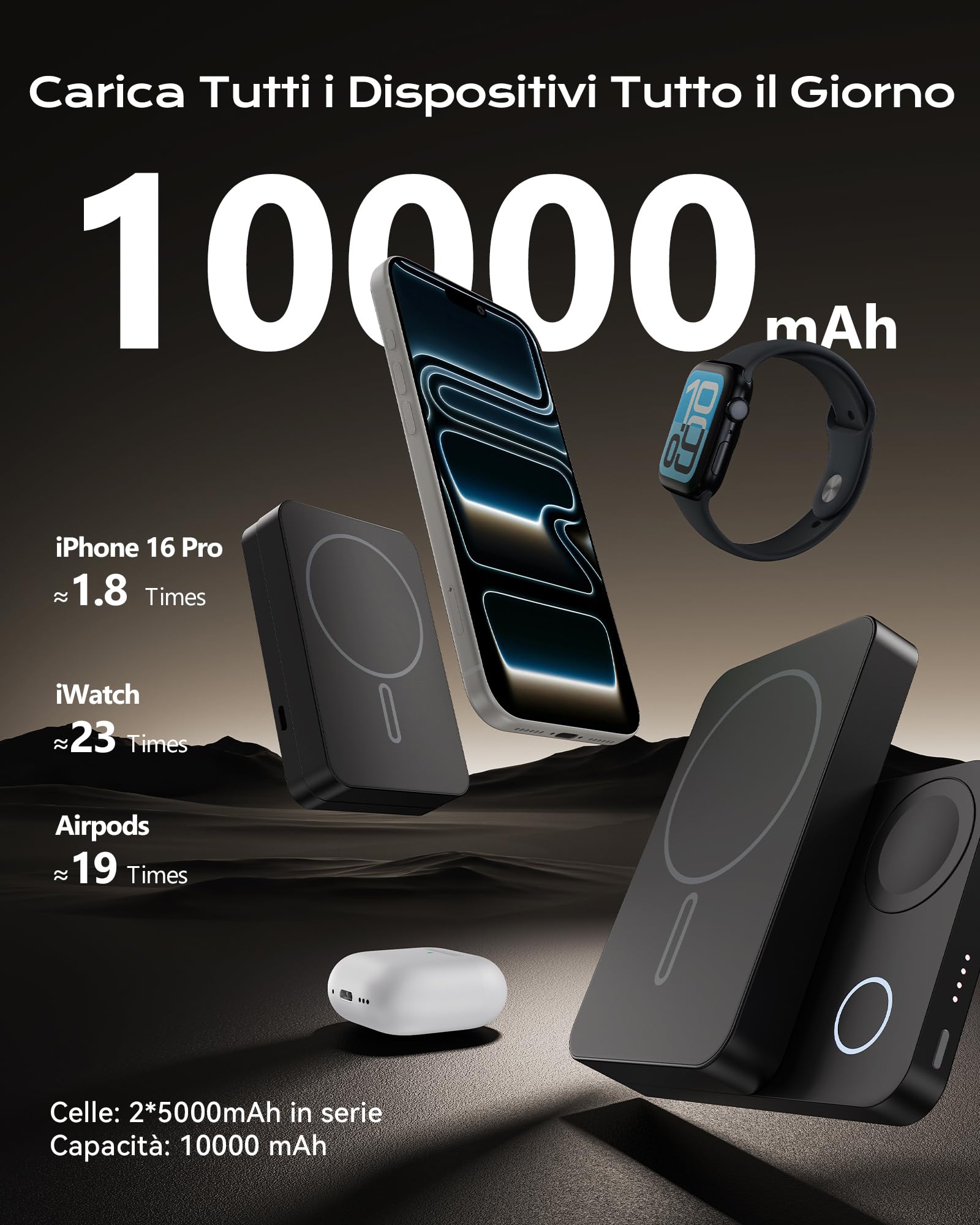 KU XIU Qi2.2 25W Magnetico Power Bank 10000mAh per iPhone e Apple Watch | 3-in-1 Wireless Powerbank con Supporto, Compatibile con Magsafe, 30W USB-C Ricarica Rapida, per iPhone & iWatch & Airpods