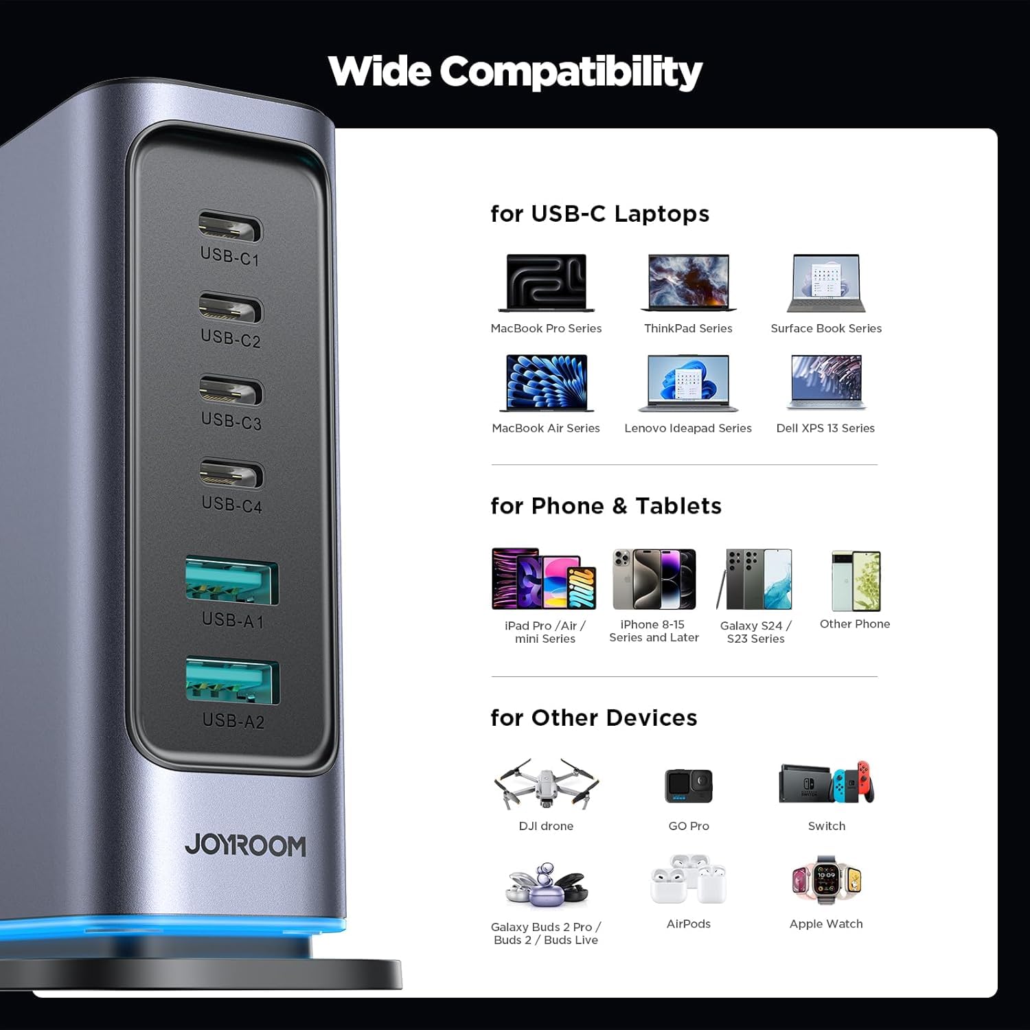 JOYROOM JR-TCM02 65W ładowarka USB Block 6-portowa GaN ładowarka do telefonu stacjonarnego - czarna
