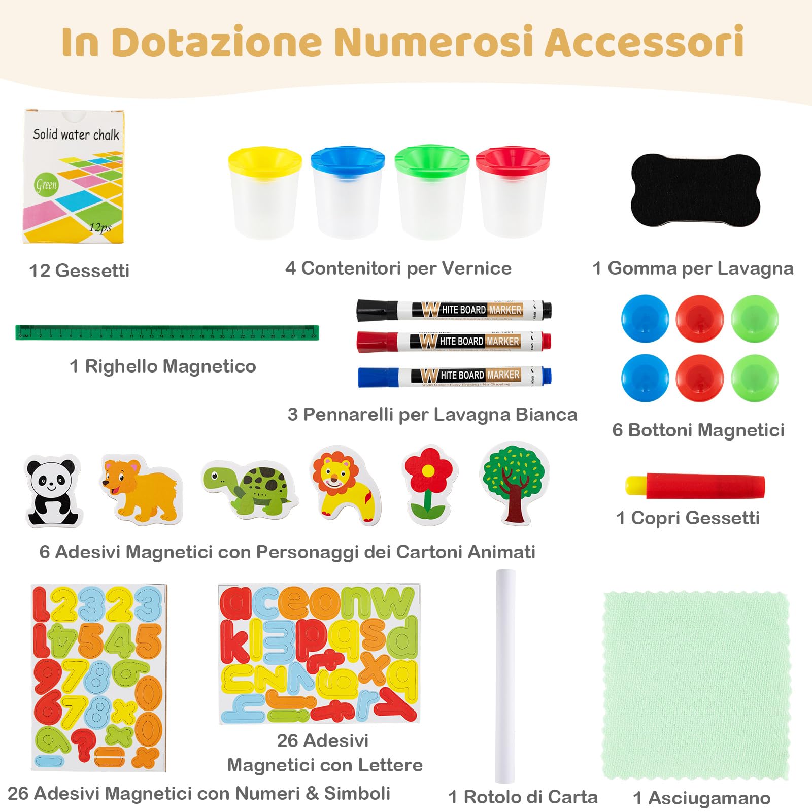 COSTWAY 3 in 1 Cavalletto per Bambini, Cavalletto Artistico in Legno con Doppia Faccia Magnetico, Lavagna Bianca, Lavagna Nera e Rotolo di Carta, Pieghevole e Altezza Regolabile