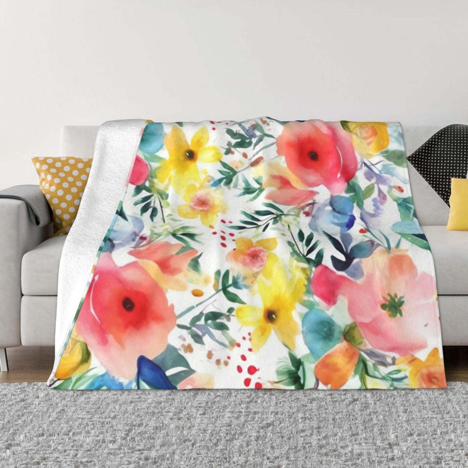 Couverture de lit chaude pour voyage et camping plaid polaire fleurs aquarelle