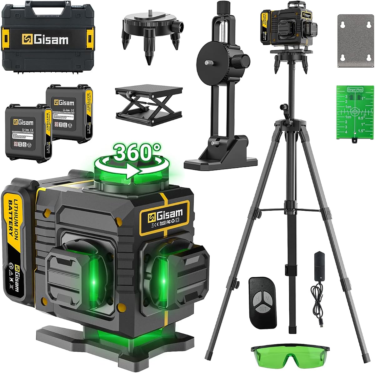 Laser Level with Tripod-360° Rotating Window,4D 16-Line Self-Leveling Laser | Lazer Leveler Tool with Pulse Mode, Green Lazer Level with 2 * 4800mAh Batteries for Construction Tiling Home Renovation