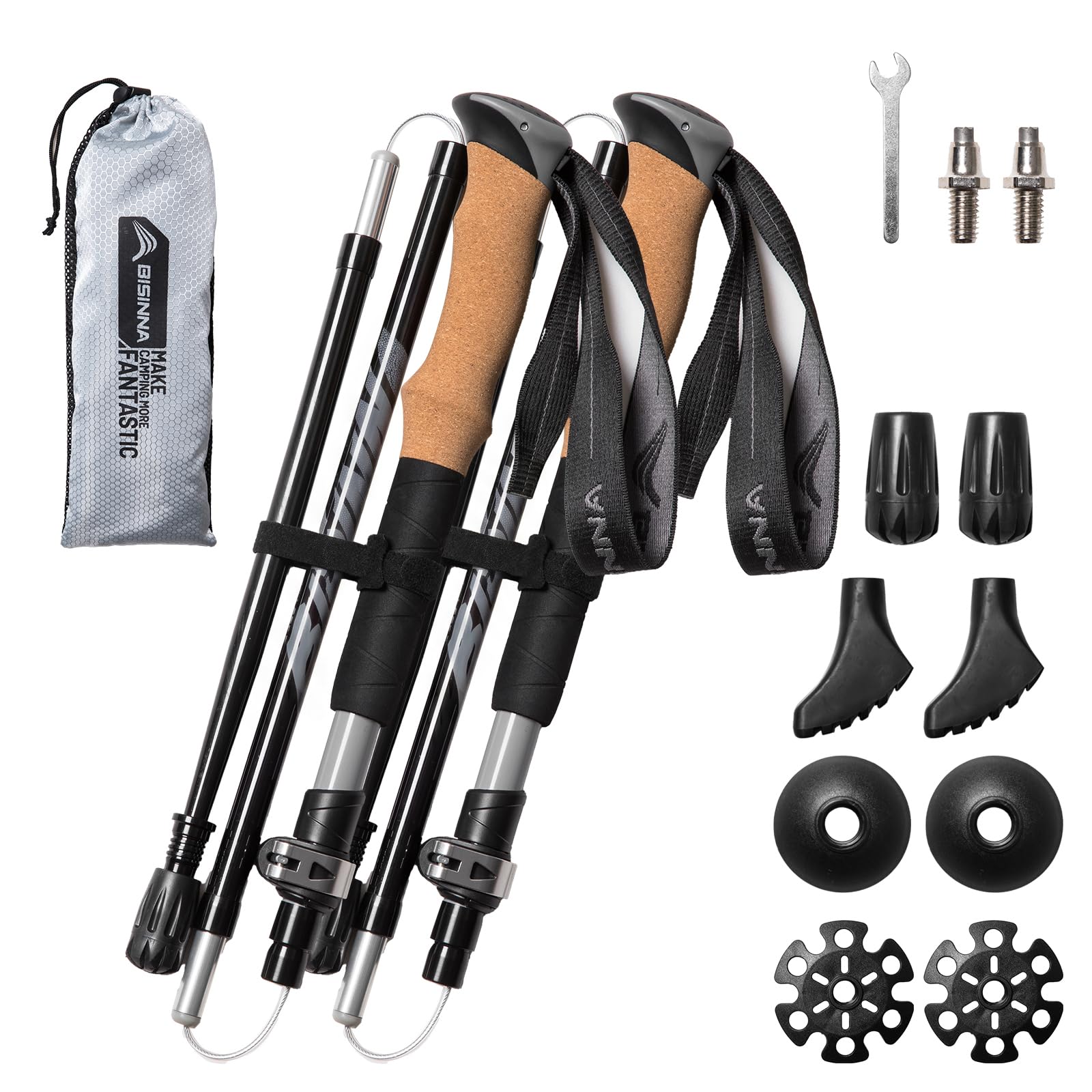 BISINNA Trekking Poles, 7075 Aluminium, Collapsible, Adjustable, Lightweight, Quick Lock System, 2 Lengths, for Hiking, Camping, Mountaineering, Set of 2 (Grey, 115-135cm)