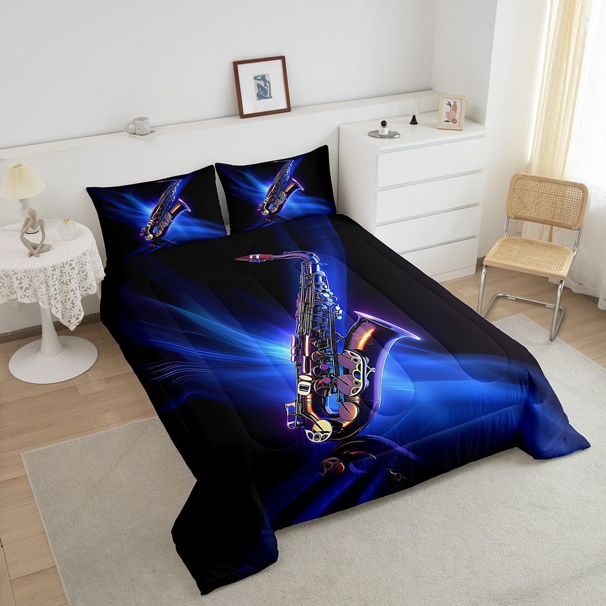 Feelyou Classic Music Beddinig Set Cool Saxophone Comforter Set for Kids Boys Girls Jazz Funky Design Comforter Musical Instrument Blue Quilt Collection 3Pcs Queen Size Boys