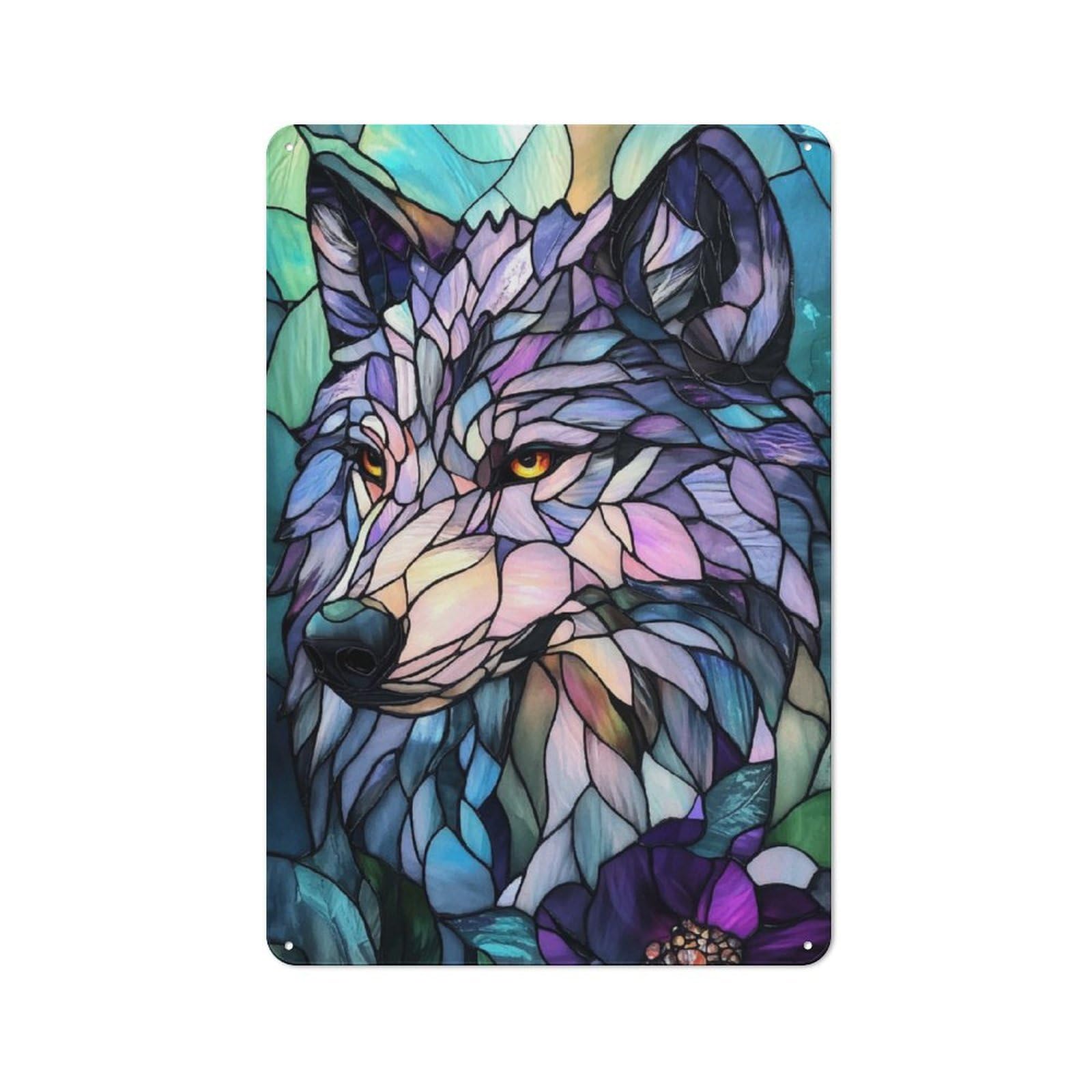 Junmoney Stained Glass Wolf Retro Metal Sign 30X20cm For Hobby Room Or Studio, Autumn Wall Decor For Creative Interior Collectors