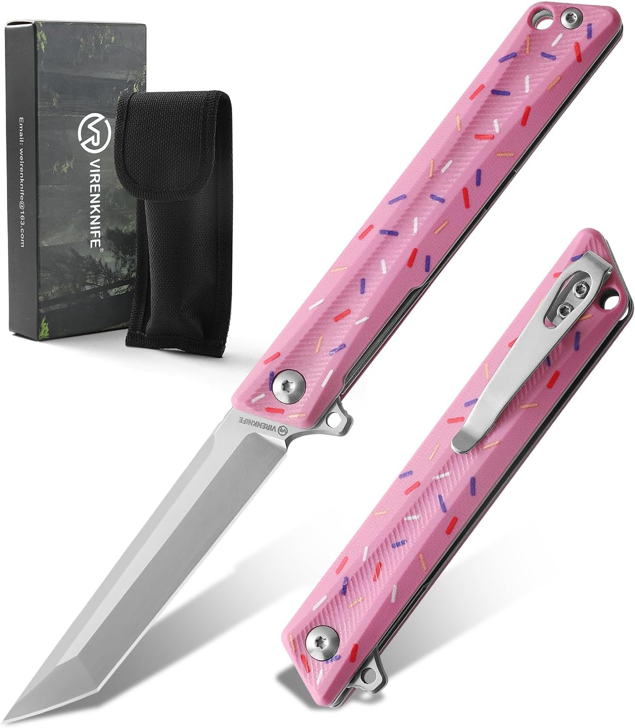 VIRENKNIFE Pink Pocket Knife for EDC,3.6" D2 Steel Blade Folding Knife with G10 Handle, Safety Liner Lock, Flip Opening, Deep Pocket Clip, Folding Utility Knife with Unique Donut Design,Ideal Gifts for Men and Women
