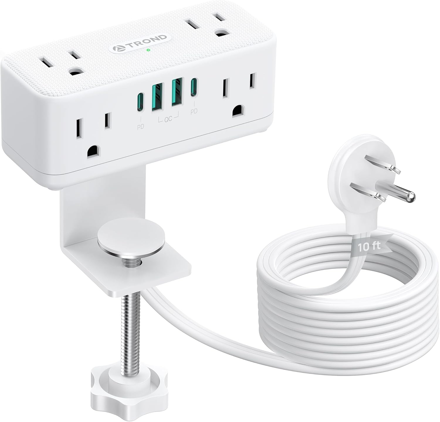 TROND Small Footprint Desk Clamp Power Strip USB C PD 20W, Flat Plug Extension Cord 10ft, 3 Sided 6 Outlets, 4 USB, 900J Surge Protection, Fit 2.16" Tabletop Edge, Home Office Desk Accessories, White