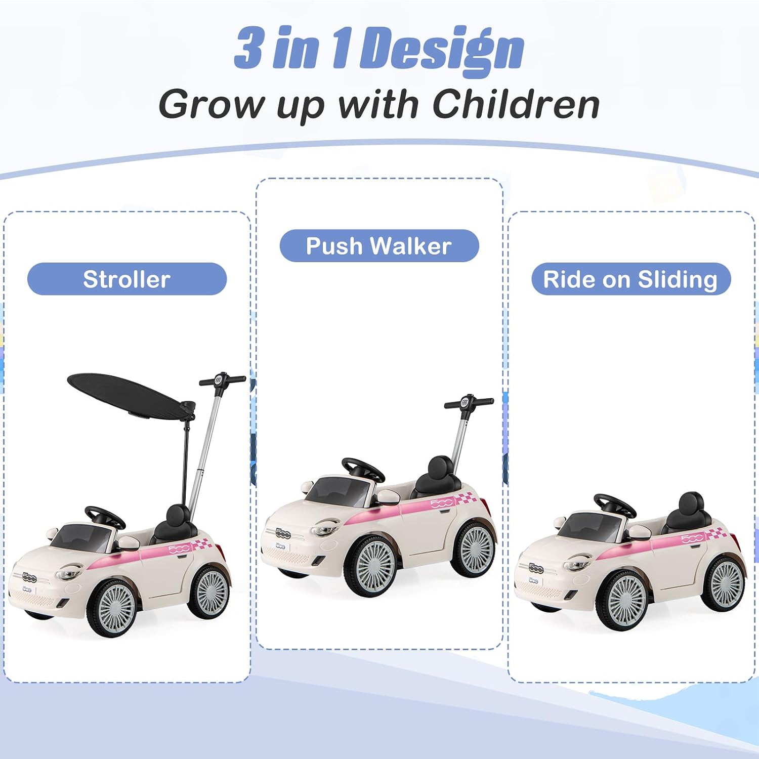 OLAKIDS Push Car for Toddlers, 3 in 1 Licensed Fiat 500e Baby Sliding Walking with Parent Control Handle Adjustable Canopy Footrest, Kids Ride on Toys with Horn for Boys Girls (White)