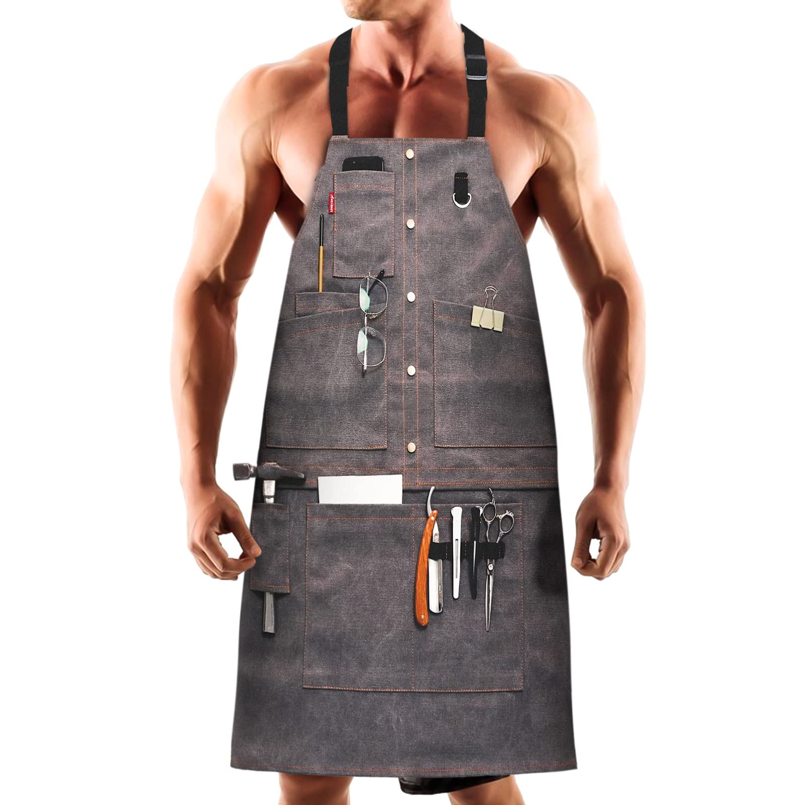 MDHAND Woodworking Apron, Heavy Duty Waxed Canvas Working Tool Apron with 9 Pockets, Adjustable Strap Aprons for Women, Men
