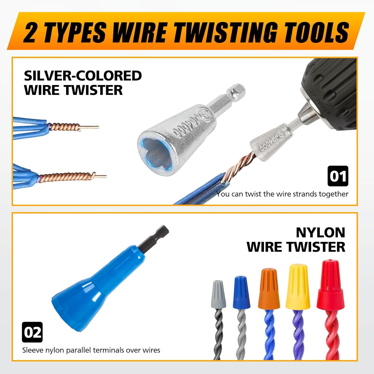 Wire Stripper for Drill, Professional Cable Stripping Tool for AWG 6-8-10-12-14 Gauge, Includes 5 Pcs Wire Strippers, 2 Pcs Wire Twisters, 5 pcs Wire Nuts