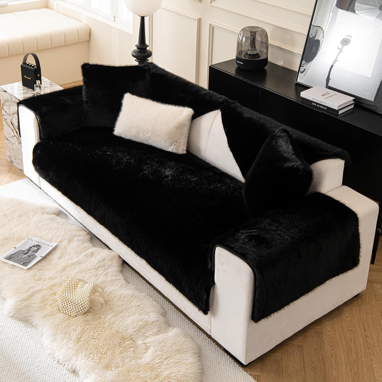EFELIM Faux Rabbit Fur Couch Cover for L Shape Sofa Cover, Fluffy Plush 1 2 3 Seat Sectional Sofa Slipcover Non Slip Furniture Protector for Kids Dogs Pet (Black,27"x27"/Only 1 Piece)