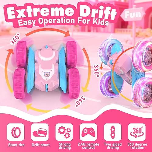 Miniatura 3 de NQD Coche de control remoto para niñas, autos RC rosados de doble cara 360 con luces intermitentes de rueda 2 baterías, 2.4 GHz recargable RC Stunt