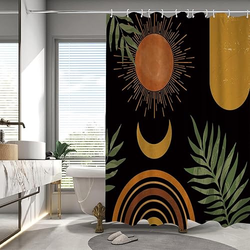 Miniatura 2 de Cortina de ducha abstracta negra de mediados de siglo, cortinas de ducha bohemias amarillas, tela impermeable para decoración de baño, juego de