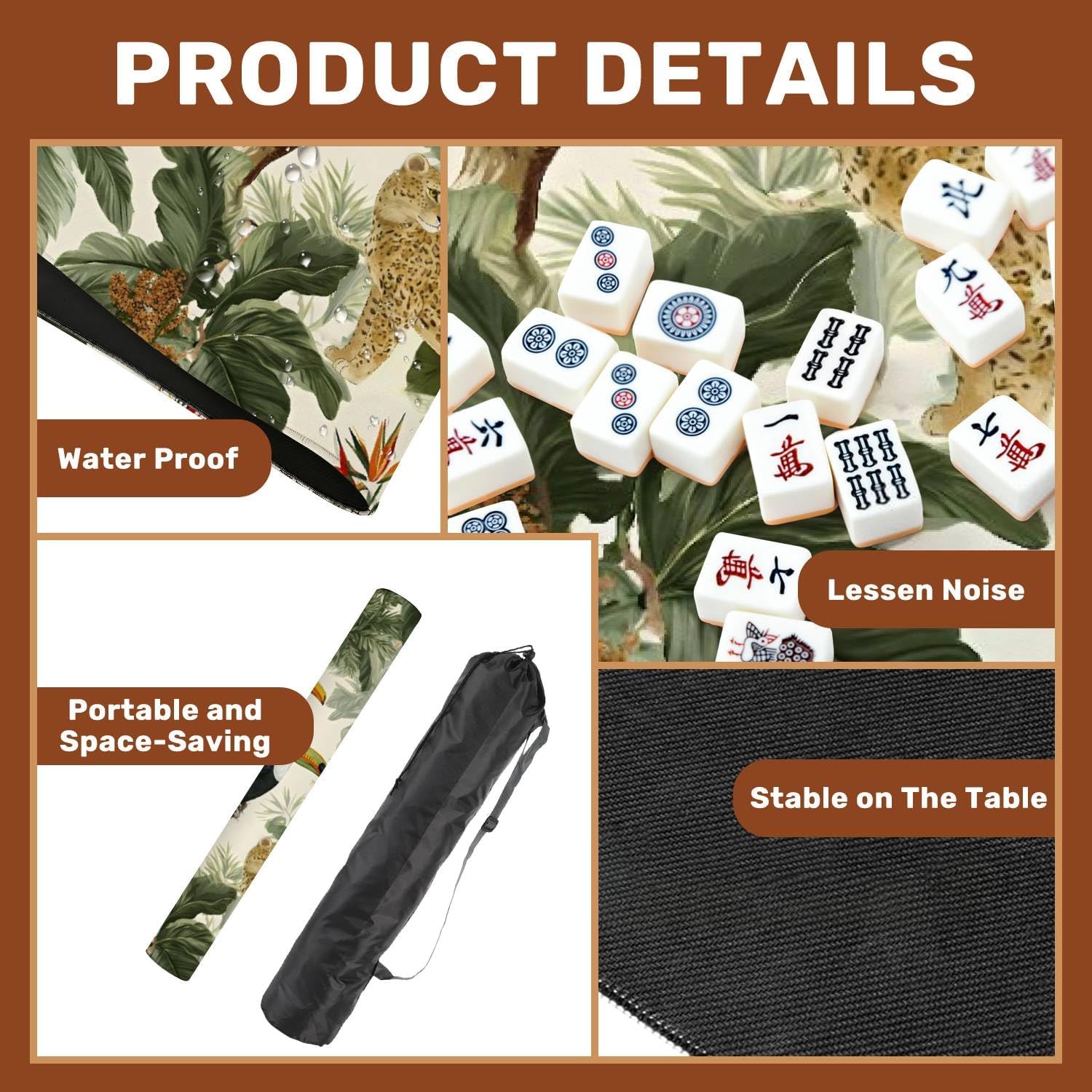 Mahjong Mat 31.5" x 31.5" Seamless Exotic Trees Animals Non-Slip Noise Reduction Mahjong Tiles Table Cover for Dominoes Poker Card Board and Tile Games