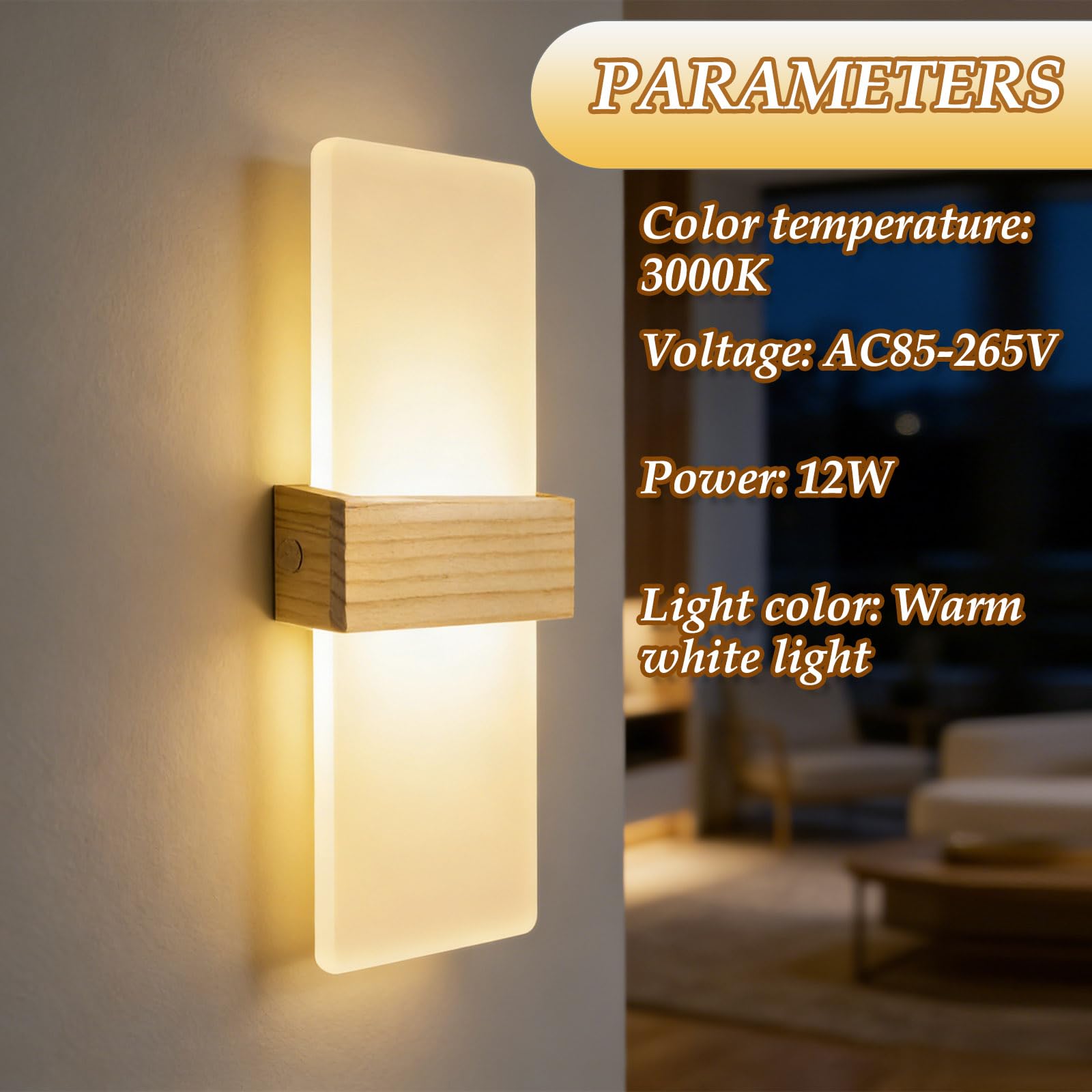 Applique Murale Intérieure LED 12W Blanc Chaud 3000K Lampe Murale Moderne en Acrylique avec Boîtier en Bois Applique Éclairage Haut et Bas pour Couloir Escalier Salon Chambre